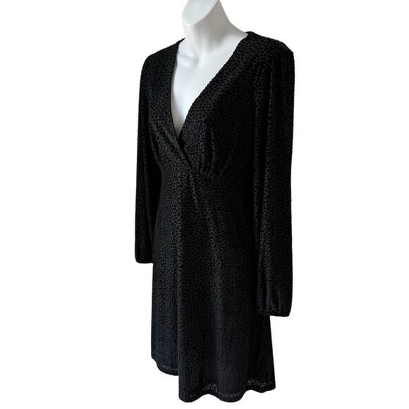 Fit & Flare Black Dress Small Faux Wrap Long Sleeves Burnout Velvet Polka Dot - Picture 13 of 15